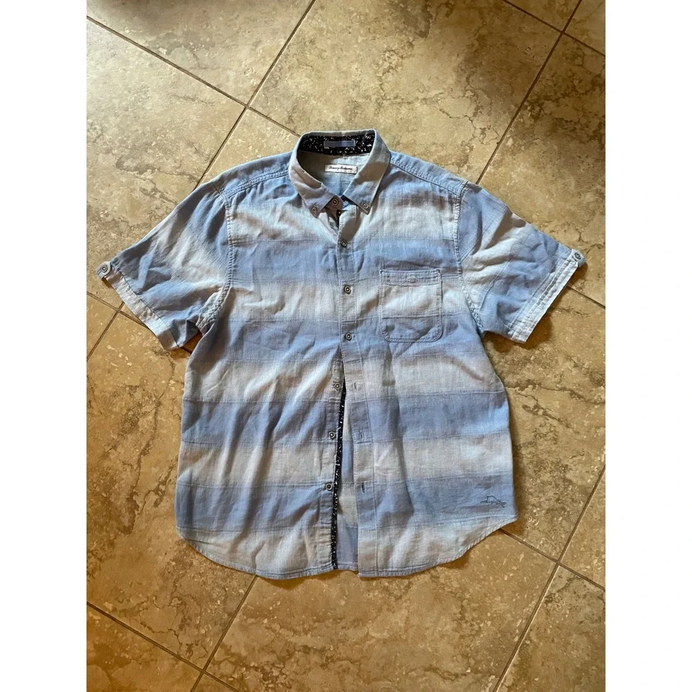 Tommy Bahama Mens‎ Shirt Large Blue Striped Short Sleeve Button Up Casual